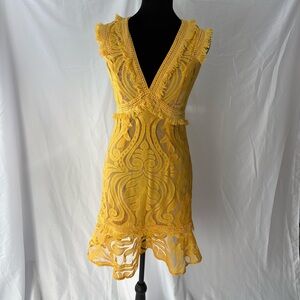 RYSE | Yellow Lace Mini Dress Deep V Fringe Detail Sz XS